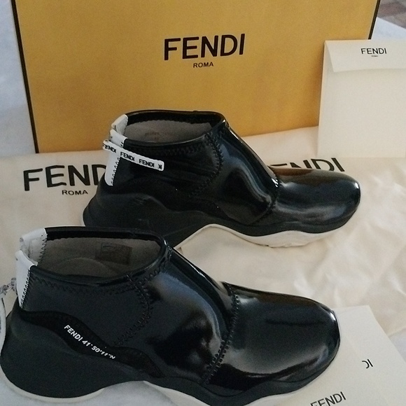 Fendi Black Glossed Neoprene Zip Sneakers Size 5.5/36 - Picture 5 of 16